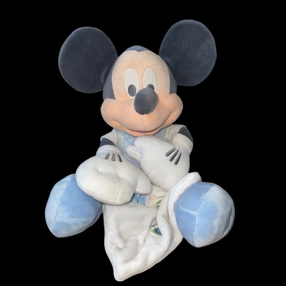 Mickey Mouse 14" Disney Store Exclusive Plush Blue/Gray Baby Romper Blanket - Picture 1 of 7